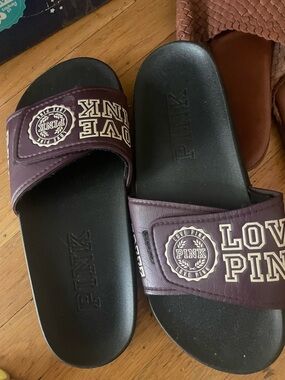 PINK Victoria's Secret Black Footbed Purple Slide Sandals